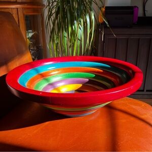 Manzoni Pietro | Vintage Italian Multi Color Rainbow Ring Wooden Salad Bowl XL